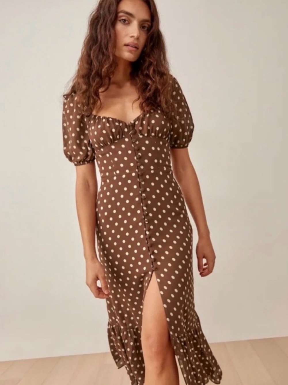 Reformation Charles Brown and White Polka Dot Midi Dress - Picture 3 of 10